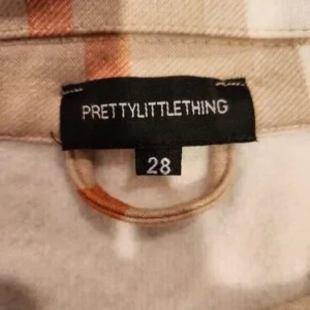 PRETTY LITTLE THING shacket tan white and melon plaid flannel jacket size 28 - Picture 7 of 9